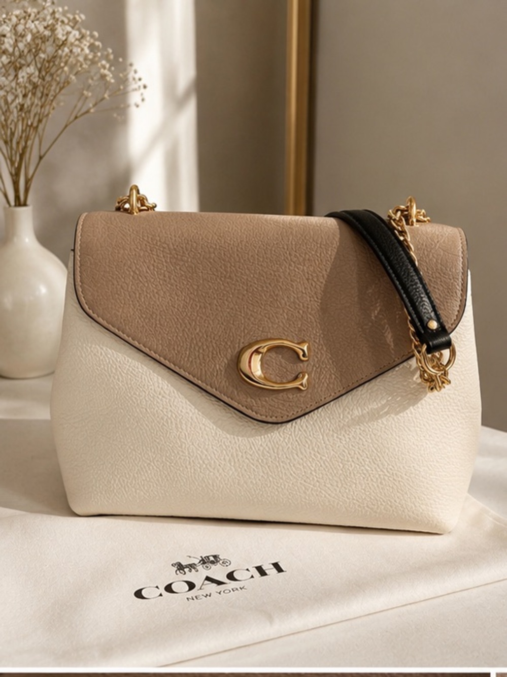 Coach Two-Tone Taupe, Cream & Black Leather Crossbody Bag